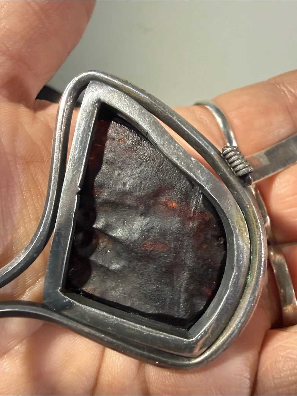 925, Vintage Sterling Silver Amber Statement Hinged Bangle Bracelet